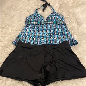 24th & Ocean Black and Blue Swim Set Top and Bottom Shorts size L brand new